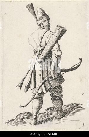 Archer Standing Figures (Serientitel) EIN Mann in orientalischem Kleid mit Bogen und Pfeil. Der Druck ist Teil einer Serie von zwölf Drucken mit stehenden figuren. Hersteller : Druckmaschine: Gillis von Scheyndel (I), Herausgeber: Clement de Jongh Herstellung: Amsterdam Datum: 1649 - 1653 Physikalische Eigenschaften: Ätzungs- und Engra-Material: Papiertechnik: Ätzung / Engra-Abmessungen (Druckverfahren): Plattenkante: H 127 mm × W 85 mm Betreff: Asiatische Rassen und Personenkopfausrüstung Stockfoto