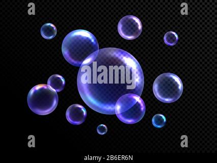 Realistische Seifenblasen isoliert auf schwarzem durchsichtigem Hintergrund. Vektorgrafiken Stock Vektor
