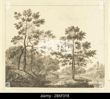 Waldweg in der Hügellandschaft Waldstraße in HügellandschapDe Weg den Hügel hinab Objektart: Bild Artikelnummer: RP-P-1879-A 3491 Aufschriften / Marken: Sammlermarke, Verso, gestempelt: Lugt 2228 Hersteller: Druckerhersteller: Johannes Franciscus Christ (denkmalgeschütztes Gebäude) Ort Herstellung: Nijmegen Datum: CA. 1810 - ca. 1830 Physikalische Merkmale: Ätzmaterial: Papiertechnik: Ätzmaße: Plattenkante: H 233 mm × W 278 mm Betreff: Waldweg oder -Gasse und rechts Stockfoto