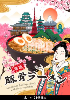 Köstliches Plakat mit Mandisha und berühmten Wahrzeichen im ukiyo-e-Stil, herzhafte Nudeln aus Schweinebrot, geschrieben in Japan Kanji-Text Stock Vektor