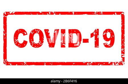 COVID-19-Coronavirus-Stempelbanner isoliert auf weißem Hintergrund. Neuartiger Corona-Virus-Ausbruch in China, die Verbreitung von Infektionen in der Welt. COVID-19 d Stockfoto