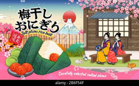 Gesalzene Pflaumenreiskugel mit japanischem Teestußhintergrund im ukiyo-e-Stil, Onigiri und begrenztem Verkauf in japanischem Text Stock Vektor