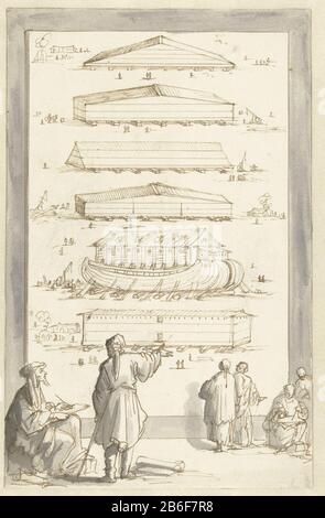 Bau von Noahs Arche Entwurf Prent. Hersteller: Künstler: Jan Luyken Datum: 1688 - 1690 Physikalische Merkmale: Stift in brauner Tinte in grauem, doorgegriffelem Material: Papiertinte Technik: Stift / Pinsel / nach griffelgroßen Abmessungen: H 281 mm × W 181 mm Betreff: Noah Bau der Arche Stockfoto