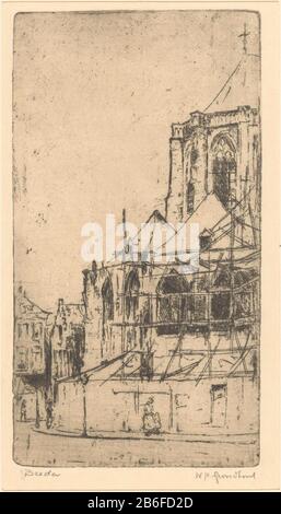 Breda (Titelobjekt) Big oder Our Lady in Breda, gegeben vom Großen Markt. Hersteller : Druckerhersteller Willem Adrianus Ground Wood (persönlich unterzeichnet) Datum: 1888-1934 Material: Papiertechnik: Ätzung / Plattentonabmessungen: Plattenkante: H 175 mm × W 94 mm Betreff: Kirche (außen) Wo: Große Kirche Stockfoto
