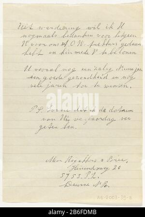 Hinweis mit Porträt von Willem Drees Doppelhandschrift des Fotografen auf gefüttertem Papier mit Stift. Hier spricht sie, Wo: Absetzung von Willem Drees und Pensionierung und wünscht ihm auch ein Frohes neues Jahr. . Verbunden mit einem Portraitfoto von Drees sr, das aus einem Fernsehbild eines Fans (39-A) besteht. Hersteller : Autor: Roijakkers-van Bree Herstellung: Deurne Datum: 28-Jan-1982 Material: Papiertechnologie: Schreibabmessungen: H 21 cm. B × 14,8 cm. Thema Wann: 1982 - 1982 Stockfoto