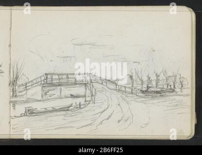 Brücke über eine Kanalbrücke über einen Kanalobjekttyp: Skizzenblatt Artikelnummer: RP-T 1997-63-13 (R) Beschreibung: Entlang des Kanals sind Tadpole. Blatt 13 recto aus einem Skizzenbuch mit 27 bladen. Hersteller : Illustratorin Johanna Chamber Von: 1883 - 1922 Physische Merkmale: Bleistift-Material: Bleistift-Thema: Brückenkanal-Bäume: Weide Stockfoto