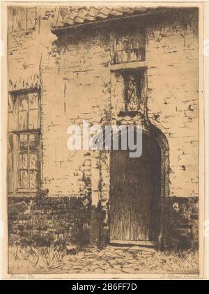 Brügge (Originaltitel auf dem Objekt) EIN Tor eines Hauses in der Beguine in Brügges. Über dem Tor ein Bild in einem nis. Hersteller : Druckmaschine: Willem Adrianus Ground Wood (persönlich handlich signiert) Datum: 1888-1934 Physikalische Eigenschaften: Ätzung und Plattenton in braunem Material: Papiertechnik: Ätzung / Plattentonmessungen: Plattenkante: H 249 mm × W 180 mm Betreff: Tor, Eintrittsstück der Skulptur, Reproduktion eines Bildbaustücks, das: Beguine Stockfoto