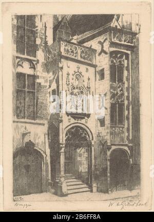 Brügge (Originaltitel auf dem Objekt) Das Portal von gebouw. Hersteller : Druckerhersteller Willem Adrianus Ground Wood (persönlich handlich signiert) Datum: 1888-1934 Material: Papiertechnik: Radierung / Plattentonmessungen: Plattenkante: H 170 mm × W 122 mm Betreff: Windmühle wo: Bruggge Stockfoto