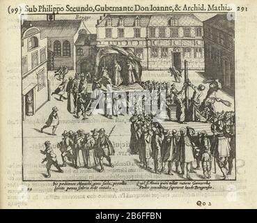 Brügge-Mönch auf dem Spiel um 1578 Geißelung und Hinrichtung der franziskanischen Mönch Brügges wegen Sodomie, 26. Juli 1578. Rechts die Verstopfung, verließen die Mönch auf dem Scheiterhaufen. Mit Unterschrift von vier Zeilen in lateinischer Sprache. Nummer 99. Auf der Rückseite mit Text in Latijn abgedruckt. Hersteller : Druckerhersteller Simon Frisiusnaar Bild des französischen High Mountain Publishers: Michiel Colijn Ort Herstellung: Druckmaschine: Nordholländer Herausgeber: Amsterdam Datum: 1613 bis 1615 und / oder 1621 - 1622 Physikalische Merkmale: Ätzmaterial: Papiertechnik: Ätzmaße: Plattenkante: H 133 mm × W 160 mmToelicht Stockfoto