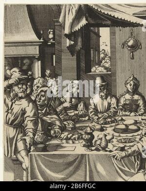 Hochzeit in Kana Christ Tisch mit Gruppe von Leuten, die auf sechs leere Kruiken zeigen. Hersteller : Druckerhersteller Hans Liebrinck (I) (zugeschrieben) Entwurf von Jan Swart van Groningen (to) Vom: 1540 - 1560 Physikalische Merkmale: Radierung auf Eisenmaterial: Papiertechnik: Ätzmaße: Blatt: H 242 mm × W 191 mm Betreff: Christus ordnet an, dass (sechs) Gläser mit Wasser gefüllt werden  Trauergast in Cana Stockfoto