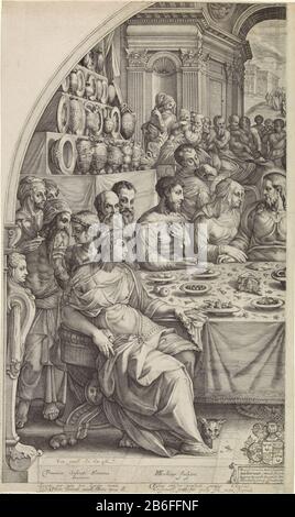 Hochzeit in Cana, Blatt hinterließ Christus an einem Tisch, der von vielen Figuren umgeben war, während der Hochzeit in Cana. Links bespricht einen Angestellten mit dem Bräutigam, dass kein Wein ist. Hersteller : Druckereihersteller: Hendrick Goltzius (denkmalgeschütztes Gebäude), entworfen von Francesco Salviati (denkmalgeschütztes Eigentum) Schriftsteller Simon Soviusuitgever Jacob Mathamverlener Privileg von Rudolf II. Von Habsburg (denkmalgeschütztes Gebäude) Datum: 1599 - 1603 Physische Merkmale: Fahrzeugmaterial: Papiertechnik: ENGRAA (Druckverfahren) Abmessungen: Plattenkante: H 624 mm (linke Platte in Balkenform) × b 360 mm Betreff: Das Hochzeitsfest in Cana (Johannes 2:1-11) Stockfoto