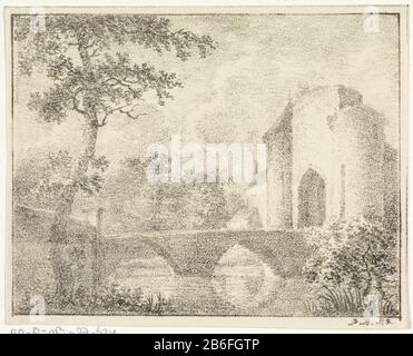Schloss mit Brücke in einer Landschaft Unter der Brücke fließt das Wasser durch zwei Kreisbögen. Links im Vordergrund ein Ausleger. Hersteller: Druckerhersteller Pieter Bartholomeusz. Barbiers (Listed Property) Herstellung: Haarlem dating: 1809 - 1837 Physikalische Merkmale: Lithographisches Material: Papiertechnik: Lithographie (Technik) Abmessungen: Blatt: H 100 mm × W 123 mm Betreff: Landschaft mit Turm oder Schloss Stockfoto
