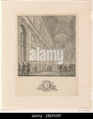 Bürgermeister Henry Hooft Danielsz spricht mit dem Bürgertum, der Bürgermeister von Amsterdam, Hendrik Hooft Danielsz, spricht in der Empfangshalle der versammelten Bürger und versichert ihnen, die Interessen der Stadt und des Landes zu verteidigen, um am 26. Februar 1787 zu zullen. An den Rändern des Arms Hooft mit zwei Pfeilen Bundles. Entwurf prent. Hersteller: Künstler: William Cook (persönlich signiert) Ort Herstellung: Nordholland Datum: 1787 Physische Merkmale: Stift und Bürste in grauem Material: Papiertechnik: Stift / Bürste Abmessungen: H 273 mm × W 179 mmToelichtingOntauptekening für Druckserien: Veranstaltungen a Stockfoto