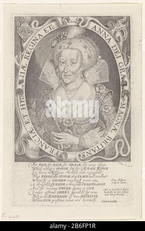 Büstenporträt von Anne of Denmark, Porträt der Königin von England, Anne von Dänemark, Ehefrau von König James I. von England. In der linken Hand hält sie einen Fächer. Links oben die kombinierten Arme von England und Dänemark. Die Randbeschriftung des Rahmens der Name und die Position des Motivs in lateinischer Sprache. Am Rande eine tienregelige Ode an Engels. Hersteller: Druckerhersteller: Simon van de Passe (denkmalgeschütztes Gebäude) Autor: Sie. Farley (denkmalgeschütztes Gebäude) Verlag: John Sudbury und George Humble (unter Denkmalschutz) Ort Herstellung: London Datum: 1617 Physische Merkmale: Fahrzeugmaterial: Papiertechnik: Engra (Druckverfahren) Stockfoto