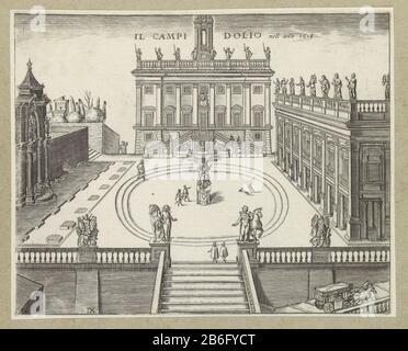 Kapitol in Rom Il Campidolio nell ano 1618 (Titelobjekt) Blick auf den Kapitolshügel zur Piazza del Campidoglio und Paläste mit den Kapitolinischen Museen. Zentral zum Reiterstandbild von Marcus Aurelius. Der Druck ist Teil eines Albums. Hersteller : Druckerhersteller Giacomo Lauro (möglich) Ort Herstellung: Italien Datum: 1584 - 1637 Physische Merkmale: Fahrzeugmaterial: Papiertechnik: Enga (Druckverfahren) Abmessungen: Plattenkante: H 179 mm × W 225 mm Betreff: Darstellung oder echtes Gebäude (entweder Vorhanden oder ha Vorhanden) Quadrat, Ort, Zirkus usw. Stockfoto