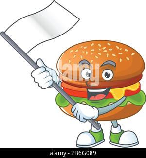 Ein patriotisches Hamburger-Maskottchen-Charakterdesign mit stehender Flagge Stock Vektor