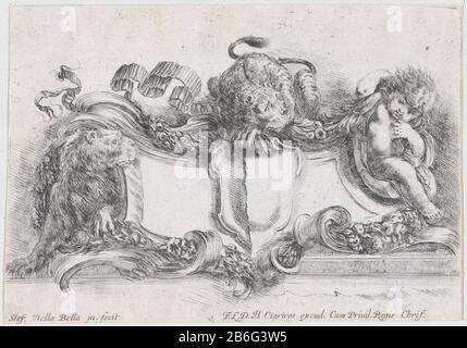 Cartouche twee leeuwen en een cherub Cartoons (serietitel) Sammlung verschiedener Cappricii (serietitel) Kartusche mit zwei Löwen und einem PuttoCartuches (Serientitel) Raccolta di Varii Cappricii (Serientitel) Objekttyp: Bild ornament Bild-Objektnummer: RP-P-ob-35.221 Catalogenie: Referenz: Die Vesme (Della Bella) 1044-1 (3) Jombert (della Bella) 124Orn Cat II 719 Aufschriften / Marken: Sammlermarke, Verso, gestempelt: Lugt 240 Hersteller: Druckbildner: Stefano della Bella (denkmalgeschütztes Gebäude) in seinem Entwurf: Stefano della Bella (denkmalgeschütztes Gebäude) Herausgeber: François Langlois ( auf obj Stockfoto