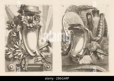 Die ZON-Kartuschen geben in vaas X (serietitel op object) den zweiten Band des J Artworks Ch Delafosse (serietitel) zwei Kartuschen auf einem Blatt. Links mit Vase, Girlanden, Olivenzweigen, Trompeten und der Sonne. Rechts, mit einer Rauchvase, Taschenlampen, Tauben und einem Schild mit Abb. Rechts unter 5 Genummerd. Hersteller: Druckmaschine: Louis Germain (möglich) zu entwerfen: Jean-Charles Delafosse (möglich) Herausgeber: Jacques-François Chéreau (möglich) Ort Herstellung: Paris Datum: 173 Physikalische Merkmale: Ätzung und Engras, unbeschnittenes Blattmaterial: Papiertechnik: Ätzung/Engras (Druckverfahren) Measurem Stockfoto