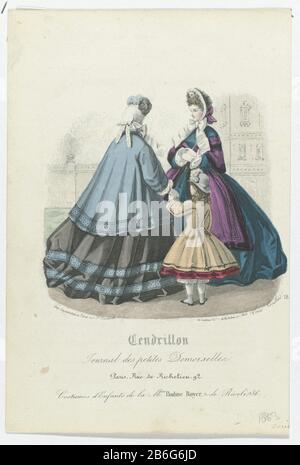 Cinderella, April 1863, Nr. 18 Journal of Small Demoiselles RP-P-2009-3486 ETwee Frauen crinolinejaponnen, in einem ummauerten Garten. Laut Bildunterschrift: Kinder Pauline Royer. Drucken Sie die Modezeitschrift Cendrillon (1850-1872) aus. Hersteller : Druckerhersteller Louis Berlier (denkmalgeschütztes Gebäude) Herausgeber: Ad. Goubaud et Fils (Listed Building) Drucker: LEGASTELOIS & Fanguet (Listed Property) Ort Herstellung: Paris Datum: 1863 Physische Merkmale: ENGA, handfarbenes Material: Papiertechnik: ENGA (Printing Process) / Handfarbenabmessungen: Blatt: H 200 mm × W 134 mm Betreff: Fashion plates Head-Gear Stockfoto