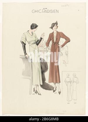 Chic Paris, Nr. 414, Abbildung 6256 in 6257 Chic Parisien, Nr. 414, 6256 und ABB. 6257 Objekttyp:. Druckmodus Objektnummer: RP-P-2009-3879 Aufschriften/Marken: Titel, obere Mitte, gedruckt: "Nr. 414 / CHIC PARISIEN'opschrift, unten Mitte, gedruckt: '6256/6257/6256/6257' Beschreibung: Zwei Frauen in einem grünen und braunen Kleid mit langen Ärmeln und Gürtel, nummeriert von 6256 und 6257. Die Dame hinterließ eine Zigarette in der linken Hand. Rechts eine Strichzeichnung der Rückseite der Kleider. Im Hintergrund eine Spielkartenfirma von Frauen. Druck von der Modezeitschrift Chic Parisien (1899-1938) . Hersteller: M. Drucken Stockfoto