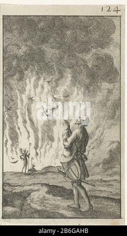 Die Christen beten laufen entlang der Hölle Drucken mit der Nummer 124. Hersteller : Druckerhersteller Jan Luyken Herausgeber: John Boekholt Herstellung: Amsterdam Datum: 1684 Physische Merkmale: Ätzung und Text in Briefpapier auf Verso Material: Papiertechnik: Ätzung / Druckgrößen: Blatt: H 120 mm × W 68 mmToelichtingIllustratie out: Bunyan, John. Von einem Christian Reyse nach Eeuwigheyt. Amsterdam: John Boekholt 1684. Betrifft: Eine Person betet Darstellungen der Hölle (mit den Verdammten und Teufeln) Benthisch, normalerweise mit brennendem Feuer und Stockfoto