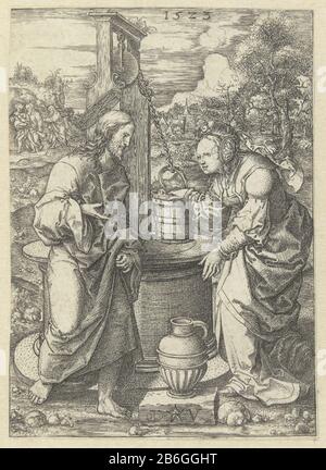 Christus und die Samariterin Christus und die Samariterin am Wasserlegen. Hersteller: Druckmaschine: Dirck Vellert (denkmalgeschütztes Gebäude) Vom: 1523 Physikalische Merkmale: Fahrzeugmaterial: Papiertechnik: Engra (Druckverfahren) Abmessungen: Blatt: H 110 mm × W 79 mm Betreff: Christus und die Frau von Samaria: Sitzend bei Jakobs Brunnen bittet er sie um ein Getränk aus ihrer Kanne Stockfoto