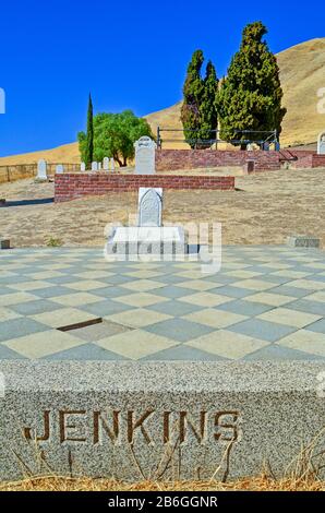 Kopfsteine von Jenkins, Seeveler H Daam und Rees G. Thomas auf dem Rose Hill Cemetery, Black Diamond Mines, Nortonville, Antioch, Kalifornien, USA Stockfoto