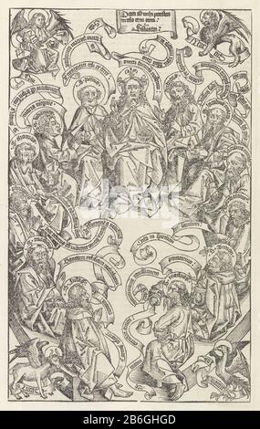 Christus und die Zwölf Apostel Liber Chronicarum (Serientitel) Christus ist der Orb im rechten Knie im Kreis mit den zwölf Aposteln. Jeder Apostel ist ein Halo mit seinem Namen. Christus hat kruisnimbus. Links und rechts von Christus sind Petrus und Andreas. Zentrum über dem Text: Data est mihi potestas in caelo et in terra: Salvator (Matthew 28:18.). Die Bänder in den Aposteln enthalten die zwölf Artikel des Glaubensbekenntnisses. In den Ecken der Darstellung der Symbole der vier Evangelisten. Der Druck ist Teil eines Albums. Hersteller : Druckerhersteller Michel Wolgemut (Atelier) Druckerhersteller: Wilhelm Pleydenwurff Stockfoto