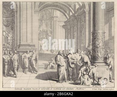 Christus stand im Tempel und heilte einen Mann mit einer verwelkten Hand. Ein Mann kommt zu ihm, um ihm zu sagen, dass seine Familie draußen auf ihn wartet. Christus verließ die Familie, um von einem Tempeldiener festgehalten zu werden. Unter dem Bild ein lateinischer Bibelvers aus Mat. 12. Hersteller : Druckerhersteller Jan van Orley (denkmalgeschütztes Gebäude) in seinem Entwurf: Jan van Orley (denkmalgeschütztes Eigentum) Ort Herstellung: Brüssel Datum: CA. 1685 - Merkmale 1700 Physikalisch: Ätz- und Engra-Material: Papiertechnik: Ätzung/Engra-Abmessungen (Druckverfahren): Blatt: H 198 mm × W 256 mmToelichtingPrent hergestellt aus einer Serie von 28 Drucken nach Brühe Stockfoto