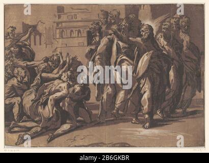 Christus heilt den Aussätzigen Christus mit den Aposteln und eine Gruppe, die Melaatsen fleht. Hersteller: Druckmaschine: Niccolò Vicentino (Listed Property) entworfen von: Parmigianinoplaats Herstellung: Italien Datum: CA. 1540 - 1550 Physikalische Merkmale: Chiaroscuro-Holzschnitt in Schwarz und Braun; gedruckt aus einer Holzblocklinie und zweifarbigen Holzblöcken Material: Papiertechnik: Chiaroscuro Holzschnittgröße: Blatt: H 297 mm × W 414 mm Betreff: Christus heilende Aussätzige Stockfoto