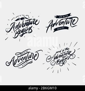 "Und so beginnt das Abenteuer"-Schriftzitat mit Bergabbildung Stock Vektor