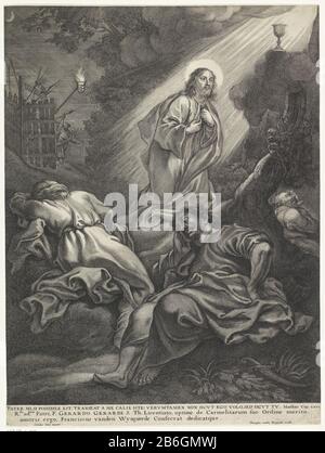 Christus vor Gericht Gethsemane Christus betet im Garten Gethsemane. Vom Himmel erscheint ein Engel mit Kelch. Im Vordergrund schlafen Peter, John und James. Im Hintergrund führt Judas eine Gruppe von Soldaten durch das Tor. In einem Bibelzitat von Matt Margin. 26 und eine zweizeilige Bildunterschrift mit einem Befehl des Latijn. Hersteller: Druckmaschine: Frans van den Wijngaerde (möglich) Entwurf von Cornelis Schut (I) (denkmalgeschütztes Gebäude) Herausgeber: Frans van den Wijngaerde (denkmalgeschütztes Gebäude) im Auftrag von Frans van den Wijngaerde (denkmalgeschütztes Gebäude), das Gerardo Gerardi (denkmalgeschütztes Eigentum) Pla gewidmet ist Stockfoto