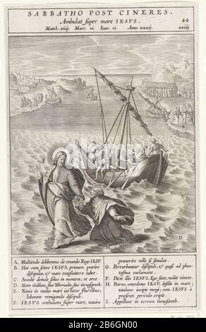 Christus, der auf dem Wasser Sabbatho Post Cineres (Titelobjekt) am Meer von ​​Galilee spaziert, das Boot mit den Jüngern Christi, das von den Wellen verwüstet wurde. Christus läuft über den See zu ihnen und Peter trifft ihn. An verschiedenen Elementen der Show befinden sich Buchstaben, die der Legende in der Marge entsprechen. Hersteller : Druckmaschine Antonie Wer: Rix (II) (denkmalgeschütztes Gebäude), entworfen von: Bernardino PasseriPlaats Herstellung: Antwerpen Datum: 1593 Physikalische Merkmale: Fahrzeugmaterial: Papiertechnik: Engra (Druckverfahren) Messungen: Plattenkante: H 231 mm × W 143 mmToelichtingPrent verwendet in: Nadal, Jeronimo. Eva Stockfoto