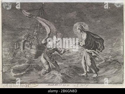 Christus läuft während eines Sturms auf dem See von Galiläa Christus, der während eines Sturms am Meer von ​​Galilee Auf dem Wasser spaziert, Immobilientyp: Bildband Illustration Artikelnummer: RP-P-1896-A 19368-2135 (V) Katalognummer: Van Eeghen 3054 Aufschriften / Marken: Sammlermarke, Verso unten Mitte, gestempelt: Lugt 2228 Hersteller : Druckerhersteller Jan Luyken Herausgeber: Pieter Mortier (I) Herstellung: Druckmaschine: Haarlem Herausgeber: Amsterdam Datum: 1703 - 1762 Physikalische Merkmale: Ätzmaterial: Papiertechnik: Ätzmaße: Blatt: H 108 mm × W 155 mmToelichtingDe Print kommt a Stockfoto