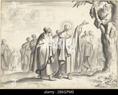 Christus nennt Zacchaeus Christus in einem Feigenbaum sitzend Zacchaeus. Möglicherweise ein Entwurf prent. Hersteller: Künstler: Jan Luyken (möglich) Von: 1660 - 1712 Physikalische Merkmale: Stift und Pinsel in grauem, Doorgegriffelmaterial: Papierfarbtechnologie: Stift / Pinsel / mit dem Stift Abmessungen: H 167 mm × W 221 mm Betreff: Anruf oder Zacchaeus, der in einem Feigenbaum saß (Christus durch Jericho) Stockfoto