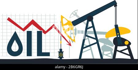 Ölförderung. Der Ölpreis sinkt. Ölpreis-Drop-Chart. Vektor, Abbildung. Stock Vektor