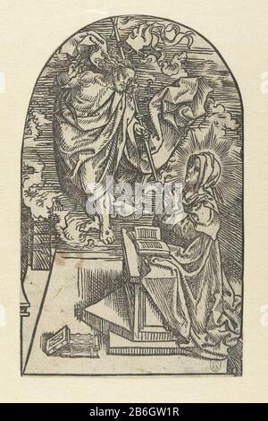 Christus erscheint zu Marias Leben (Serientitel) Fragment eines Bildes mit vier Vorstellungen, einer Serie von sieben. Maria kniet mit einem Buch, Christus mit einer Fahne in einem wolk. Hersteller : Druckereihersteller Jacob Cornelisz. Von OostsanenPlaats Herstellung: Niederlande Datum: 1507 Physikalische Eigenschaften: Holzblockmaterial: Papiertechnik: Holzblockmaße: Blatt: H 191 mm × W 117 mm Betreff: Christus, vielleicht als Pilger verkleidet, erscheint seiner Mutter, die normalerweise betend gezeigt wird Stockfoto