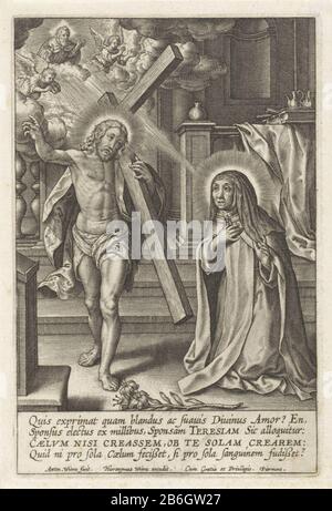 Christus erscheint H Teresa von Avila, Die Avila heilige Teresa kniet in einer Kirche. Zu ihren Füßen steht eine Lilie. Für sie erschien Christus, er trägt sein Kreuz auf der Schulter. Im Himmel, Gott der Vater, von Engeln flankiert. Am Rand eine vierzeilige Unterschrift in Latijn. Hersteller : Druckerhersteller Antonie Wer: Rix (III) (denkmalgeschütztes Gebäude) Herausgeber: Hieronymus Wierix (Listed Property) Privilege-Anbieter: Pieremans (Listed Property) Ort Herstellung: Antwerpen Datum: 1563 - für 1619 Physikalische Eigenschaften: Engra-Material: Papiertechnik: Engra (Printing Process) Messungen: Plattenkante: H 137 mm × b 91 m Stockfoto