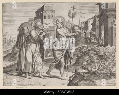 Christus erscheint Petrus vor den Toren Roms Christus vor dem Eingang zu Rom. Petrus fragt Christus Quo vadis, Domine?. Christus antwortet mit Eo Romam Iterum crucifigi (ich gehe nach Rom, um auch wieder gekreuzigt zu werden). Peter hielt Schlüssel in den Händen. Im Hintergrund rechts Soldaten Stadt verlaten. Hersteller: Druckmaschine: Martino Rota (unter Denkmalschutz stehende Immobilie) entworfen von: Rafael (unter Denkmalschutz stehendes Gebäude) Herausgeber: Luca Bertelli (unter Denkmalschutz stehende Immobilie) Herstellung: Druckmaschine: Italien Zur Gestaltung Vatikanstadt Redakteur Rom Datum: 1568 Physische Merkmale: Fahrzeugmaterial: Papiertechnik: Enra (pr Stockfoto