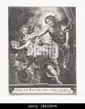 Christus erscheint dem H Rochus Sancte Roche Ora Pro Nobis (Titelobjekt) inmitten eines knienden Rochus mit Hut und Stab in der rechten Hand, links seinen Hund, der nach Christus rechts schaut, schwebt ihm. Christus, der mit der rechten Hand auf die Platte zeigt, die den Engel links von ihm hält, ist das Zeichen: Eris in Peste Patronus. Am unteren Rand der Architektur, darunter: Sancte Roche Ora Pro Nobis. Hersteller: Druckmaschine: Anonym zu malen von Peter Paul Rubens Herausgeber: Frederik de Wit (denkmalgeschütztes Gebäude) Herausgeber: Friedrich der WitPlaats Herstellung: Amsterdam Datum: 1645 - 1706 Physische Merkmale: Fahrzeugmaterial Stockfoto