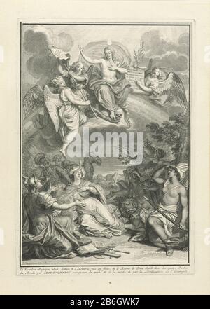 Christus erscheint den Personifikationen der Titelseite Kontinente für J Lenfant und I Beausobre, Le Nouveau Testament, 1718 Christus thront auf einem Regenbogen am Himmel, er trampelt eine Schlange und einen Schädel, das Böse, beziehungsweise den Tod. Oben leuchtet die Flamme des Eifers. Er predigt das Gospel den Personifikationen der Kontinente, die von der Erde aus zu ihm hinaufschauen. Götzendienst im rechten Hintergrund. Im Hintergrund gelassen überraschten zwei Männer das Judaismus. Am Rand einer zweizeiligen Unterschrift im Frans. Hersteller: Druckhersteller: Bernard Picart (Studio) zum Zeichnen von: Bernard Pic Stockfoto