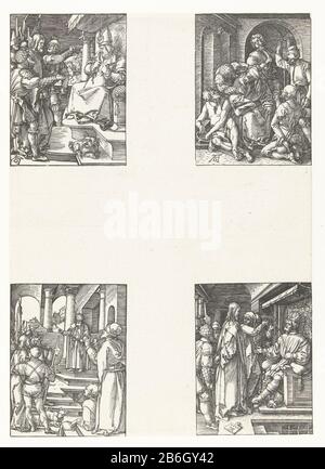 Christus Caiaphas, Spott, Christus vor Pilatus, Christus vor Herodes Kleine Passion (serietitel) Vierte Serie von vier Szenen aus der Druckserie 'kleine Passion' hier unbeschnitten mit vier Bildern auf einem Blatt. Links oben: Christus wird von bewaffneten Männern vor Caiaphas geführt. Rechts: Christus wird von fünf Männern belästigt und verspottet. Links unten: Christus wird von bewaffneten Männern vor Pilatus geführt. Unten rechts: Christus durch bewaffnete Herodes geleid. Hersteller : Druckerhersteller Albrecht Dürer (Listed Property) Ort Herstellung: Nürnberg Datum: 1508 - 1509 Physikalische Merkmale: Holzschnittmaterial: Papiertechnik: Holzschnittmaße: Jedes Bild Stockfoto