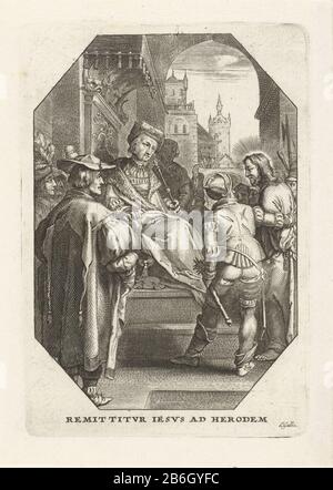 Christus König Herodes Remit titvr Iesvs ad Herondem (Titelobjekt) Die Passion (Serientitel) Christus soll von zwei Soldaten des Königs Herodes führen. Sechster Druck eine Serie von 13, mit Szenen aus der Passion des Christus. Hersteller : Druckerhersteller Cornelis Galle (I) (denkmalgeschütztes Gebäude) Ort Herstellung: Südniederland Datum: 1586 - 1650 Physische Merkmale: Fahrzeugmaterial: Papiertechnik: Enna (Druckverfahren) Abmessungen: Plattenkante: H × 134 mm b 92 mm Betreff: Christus vor König Herodes; manchmal wird eine prächtige Robe Gebracht (Lukas 23: 8-11) Stockfoto