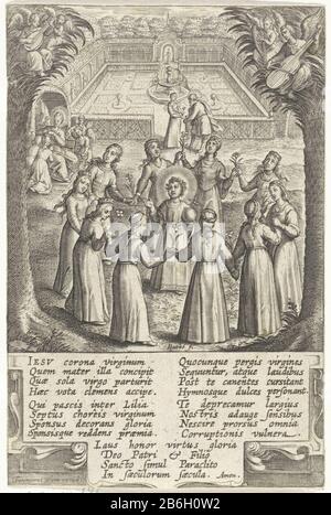 Christuskind umgeben von Jungfrauen Bilden Zehn Jungfrauen einen Kreis um das Christuskind. Maria sitzt am Rande eines Gartens, umgeben von Engeln im Hintergrund. Die Bäume sind die musikalischen Engel. Am Rande ein Gebet, in drei Säulen im Latijn. Hersteller : Druckerhersteller: Jerome Who: Rixuitgever: Hieronymus Wierix (Listed Property) Ort Herstellung: Antwerpen Datum: 1563 - für 1619 Physikalische Merkmale: Fahrzeugmaterial: Papiertechnik: Engra (Druckverfahren) Abmessungen: Blatt: H 128 mm × W 85 mm Betreff: Christkind zusammen mit anderem Stockfoto