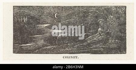 Colinet ruht in der Nacht Colinet auf Nachtillustrationen oder Nachahmung von Ecloue I (Serientitel) Colinet, das von einem Baum liegt, mit seinen Schafen bei ihm, in einer Landschaft, die vom maan angezündet wird. Hersteller : Druckerhersteller William Blake nach eigenem Entwurf: William Blake Principal: Robert John Thornton Place Manufacturer: England Datum: 1820-181 Physikalische Merkmale: Holz-Engras-Material: Papiertechnik: Holz-Engras Abmessungen: Bild: H 32 mm × W 75 mmToelichtingIllustratie aus Imitationen oder Ecologue I, die Nachahmung des ersten Eklogs von Virgil aus dem 18. Jahrhundert, geschrieben von Ambrose Philips Wo: Zwei s. Stockfoto