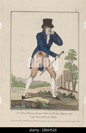 Junger, eleganter Mann, der sich morgens in einer "Gewohnheit" kleidet, bestehend aus einer Jacke (Frak), Weste und Shorts. Verknittertes Hemd mit Jabot und Kravat. Hut mit erhöhtem Rand und dünnem Hutband mit Schnalle. Handschuhe und Gehstock in der Hand, der Druck ist Teil einer Serie von mindestens 82 Modedrucken Collection consacrée aux Modes d'hommes et de femmes, herausgegeben von Basset, Paris, zwischen 1783 und 1813. Hersteller: Druckmaschine: Anonymer Verleger: Basset ( auf dem Objekt angegeben) Herstellung: Paris Datum: 1783 - 1813 Physische Merkmale: Enra, handfarbenes Material: Papiertechnik: Enra (pr Stockfoto