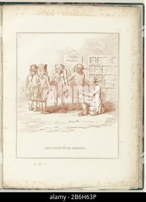 Cartoon on the Committee of Accounts, 1795a. Zwei Mitglieder des Komitees, die mit einfacher Arithmetik kämpfen, ein Drittel zuckt gegenüber zwei Kunden. An der Wand hängt ein "Tisch mit Multiplikatie". Hersteller : Druckerhersteller James Gillray (möglich) zum Zeichnen: David Hess Verlag: William Humphrey (möglich) Ort Herstellung: London Datum: 1795Physical Features: Radierung in rotem Material gedruckt: Papiertechnik: Radierung / Farbabmessungen: Plattenkante: H 274 mm × W 220 mmToelichtingOnderdeel A Booklet veröffentlichte eine Reihe von zwanzig Cartoons über die Vorläufigen Vertreter der Menschen in Holland und der Stockfoto
