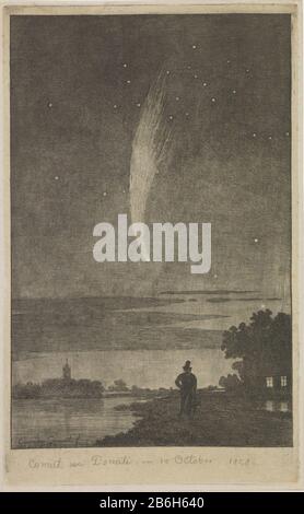 Comeet van Donati, im 10. Oktober 1858 (titel op object) Komet Donati, 10. Oktober 1858. Im Vordergrund ein Mann mit Hund am Fluss. Im Hintergrund ein Kerktoren. Hersteller: Druckmaschine: Cornelis van der Grient (auf dem Objekt angegeben) Herstellung: Niederlande Datum: 1858 - 1860 Physikalische Eigenschaften: Ätzmaterial: Chine-Collé-Technik: Ätzmaße: Plattenkante: H 240 mm × W 148 mmToelichtingNiet in Frederik Muller; hinzugefügt von RPK-Nummer. Betrifft: Komet Donati (1858) Wann: 1858-10-10 - 1858-10-10 Stockfoto