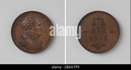 Kongress von Aachen zu Ehren von Alexander I., Zar von Russland Bronzen Penning. Voorzijde: Borststuk man binnens omschrift. Keerzijde: Opschrift onder weegschaal in evenwacht tussen siermotieven Hersteller : Auguste-Francois MichautPlaats Herstellung: Nederland dating: 186 Material: Brons Techniek: Slaan Abmessungen: D 2,8 cm. × g 9,84 gr Datum: 1818-09-21 - 1818-11-21 Stockfoto