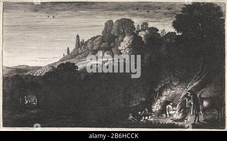 Tagesanbruch Die vier Teile des Tages, kleine Größe (Serientitel) Hügellandschaft mit direkt vor Hirten an einem Lagerfeuer. Im Hintergrund. Drucken Sie eine Serie von vier. Hersteller : Druckhersteller Jan van de Velde (II) zu drucken von: Hendrick GoudtPlaats Herstellung: Nordholländer Datum: 1603 - 1641 Physikalische Merkmale: Ätzung und Engra-Material: Papiertechnik: Ätzung / Engra-Abmessungen: Blatt : h 95 mm (Schnitt an Plattenkante) × b 164 mm Betreff: Morgengrauen  Landschaft (manchmal auch "Aurora" genannt) Lagerfeuer; Wachfeuer Stockfoto
